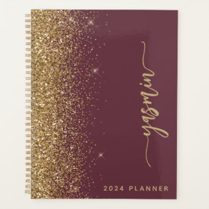 2024 Personalisierter Dunkler Burgund-Gold-Glitzer Planer