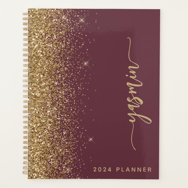 2024 Personalisierter Dunkler Burgund-Gold-Glitzer Planer (Vorderseite)