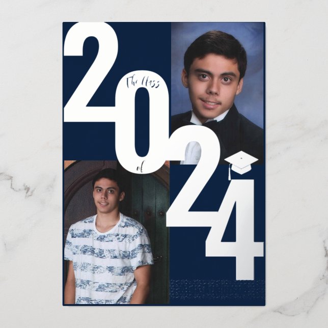 2024 Real Foil Silver Metallic Abschluss Foto Folieneinladung (Vorderseite)