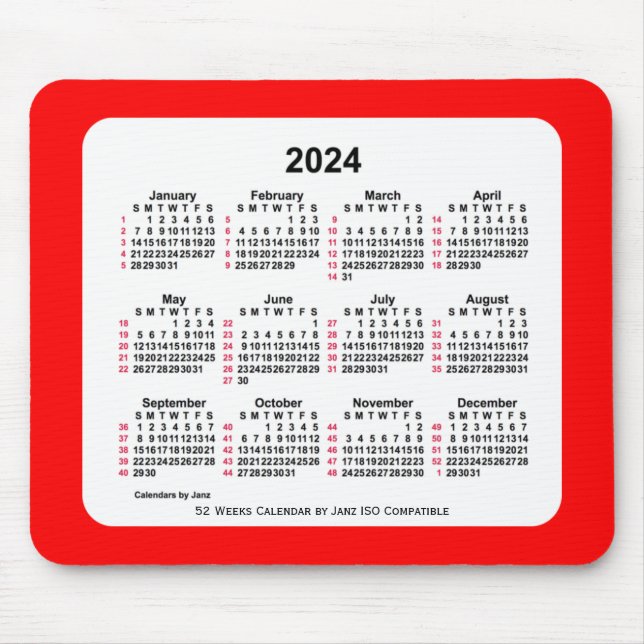 2024 Red 52 Weeks ISO Kalender von Janz Two Tone Mousepad (Vorne)