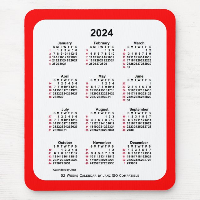 2024 Red 52 Weeks ISO Kalender von Janz Two Tone Mousepad (Vorne)