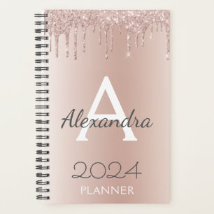 2024 Rose Gold - Rosa Girly Glitzer Monogram Planer
