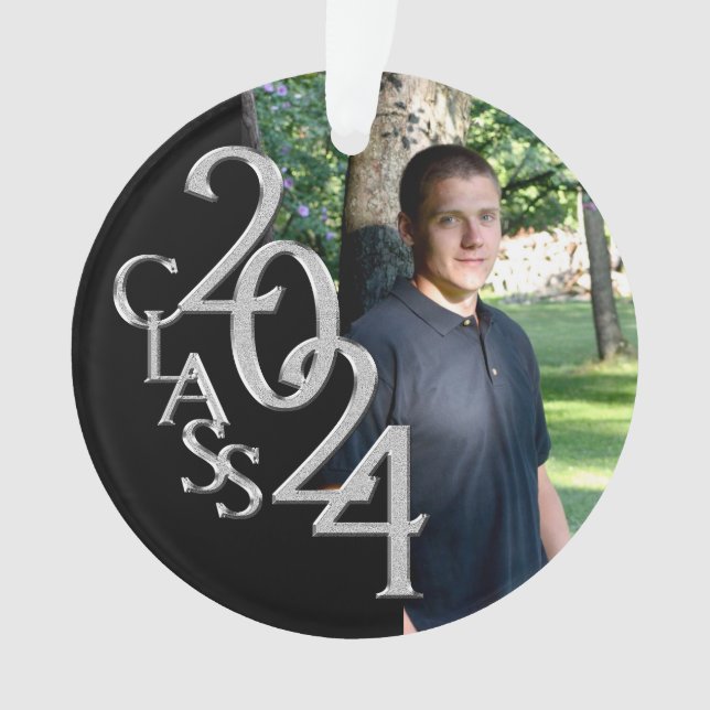 2024 Schwarz-Silber-Abschluss-Foto Ornament (Vorderseite)