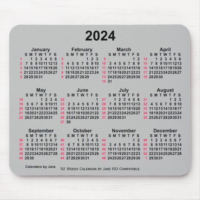 2024 Silver 52 Weeks ISO Calendar by Janz Mousepad (Vorne)