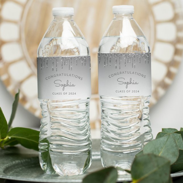2024 Silver Glitzer Tropfen Graduation Party Wasserflaschenetikett (Von Creator hochgeladen)