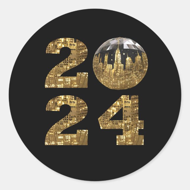 2024 Silvester Party-Ball-NYC Gold- Runder Aufkleber (Vorderseite)