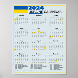 2024 Ukrainischer Kalender mit Feiertagen herunter Poster