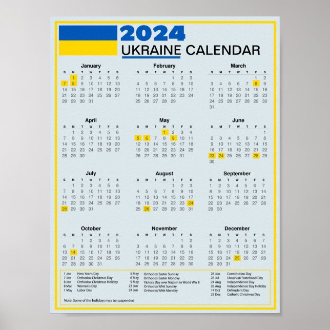 2024 Ukrainischer Kalender mit Feiertagen herunter Poster (Vorne)