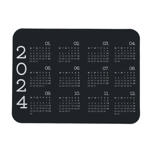 2024 Volljähriger Kalender Schwarz-Weiß-Stil Magnet (Horizontal)