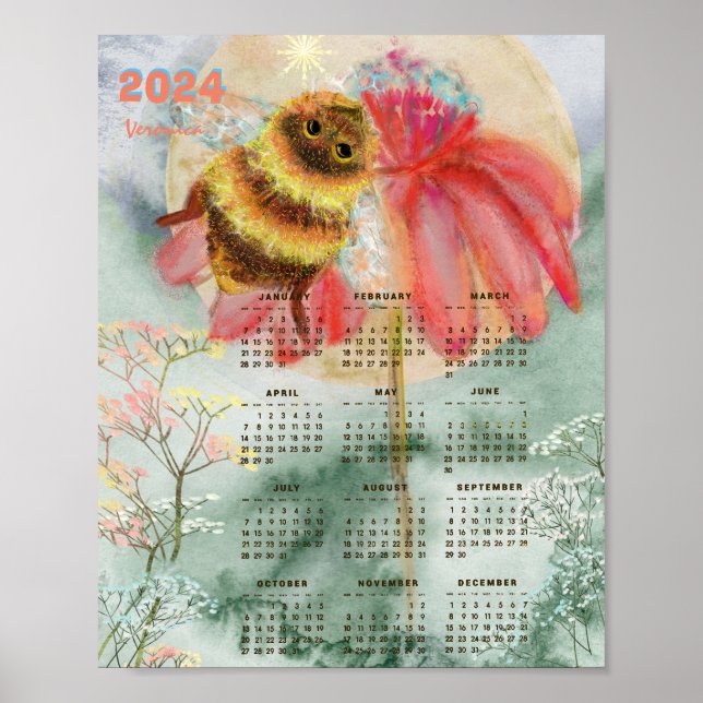 2024 Watercolor Bumblebee Calendar Poster (Vorne)