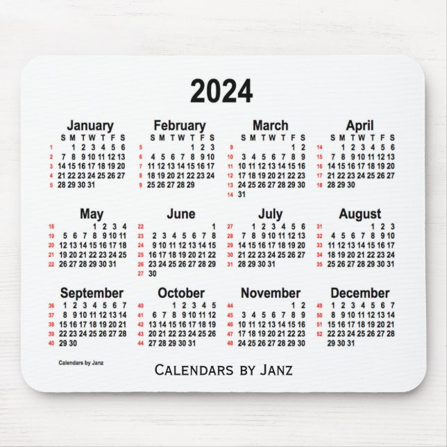 2024 Weißer 52-Wochen-Kalender von Janz Mousepad (Vorne)