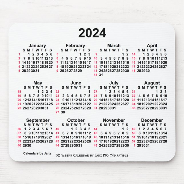 2024 White 52 Weeks ISO Calendar by Janz Mouse Pad Mousepad (Vorne)