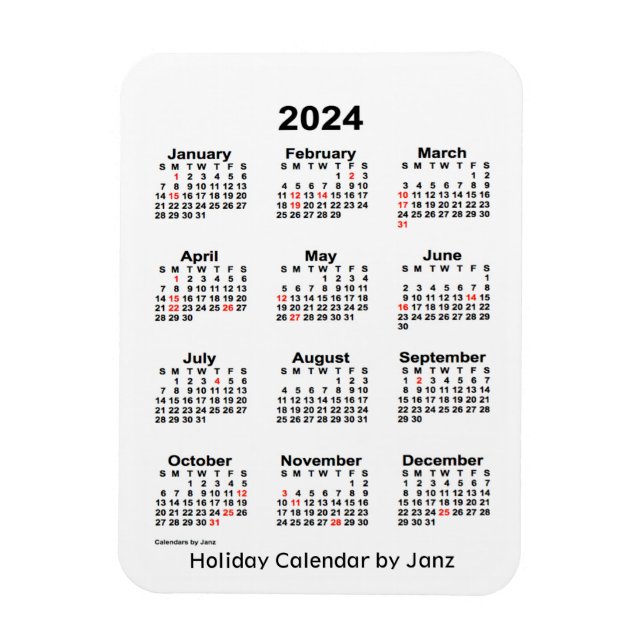 2024 White Holiday Calendar von Janz Magnet (Vertikal)