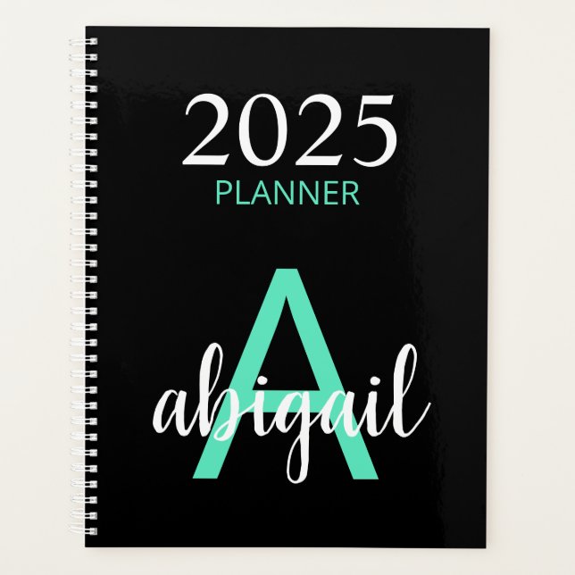 2025 Aquamarin Black Simple Modern Monogram Name Planer (Vorderseite)