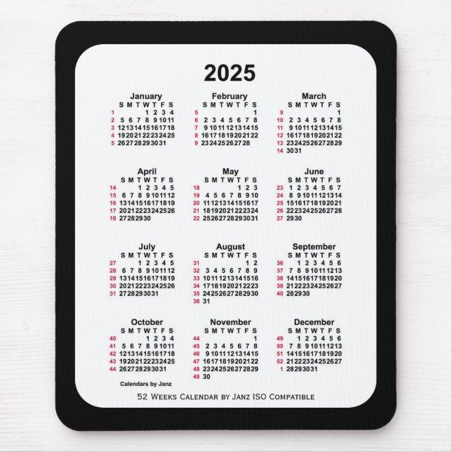 2025 Black 52 Weeks ISO Kalender von Janz Two Tone Mousepad (Vorne)