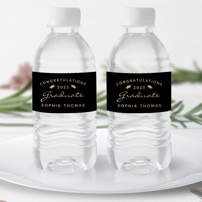 2025 Black Gold Script Cap Abschluss Wasserflaschenetikett (Von Creator hochgeladen)
