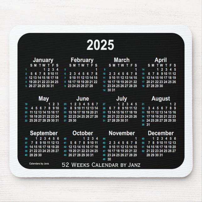 2025 Black Neon 52 Weeks Calendar von Janz Mousepad (Vorne)
