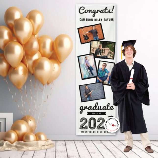 2025 Black Sketch 5 Foto Collage Graduation Party Banner (20YY Black And White Sketch 5 Photo Modern Graduation Party Banner @ www.zazzle.com/color_therapy)