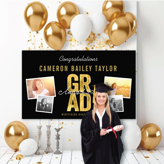 2025 Bold Gold Foil GRAD 4 Foto Graduation Party Banner (Class Of 2024 Modern Bold Golden GRAD 4 Photo Graduation Party Banner @ www.zazzle.com/color_therapy)