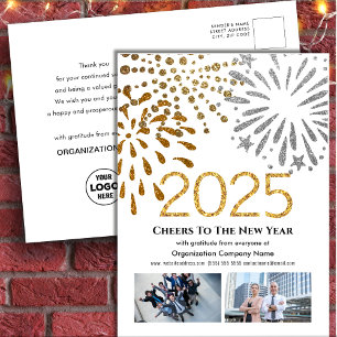 2025 Business Foto Festive Fireworks Gold Glitzer Feiertagspostkarte