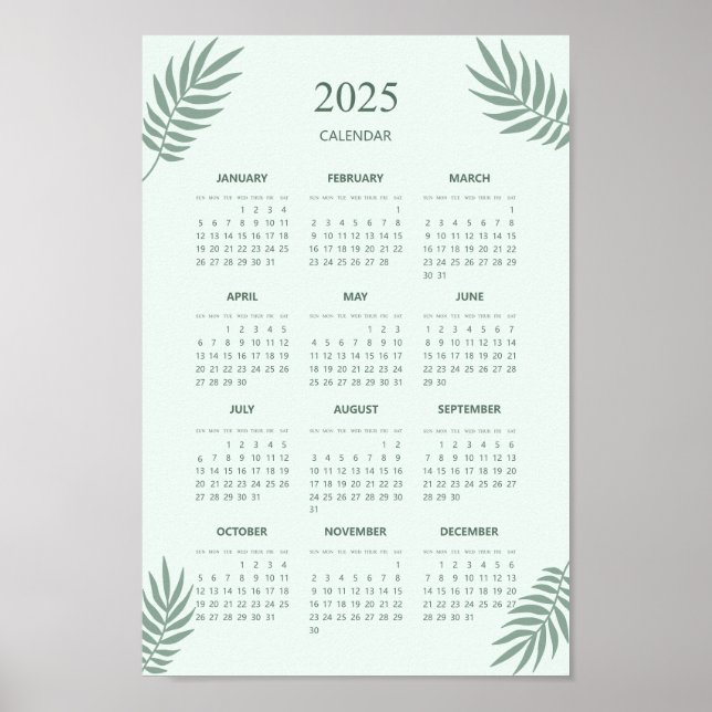 2025 Calendar Boho Blumenästhetische Minze Grün Poster (Vorne)