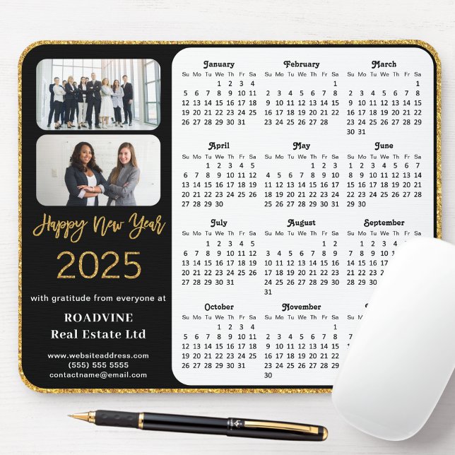 2025 Calendar Business Foto Elegant Gold Glitzer Mousepad (Von Creator hochgeladen)