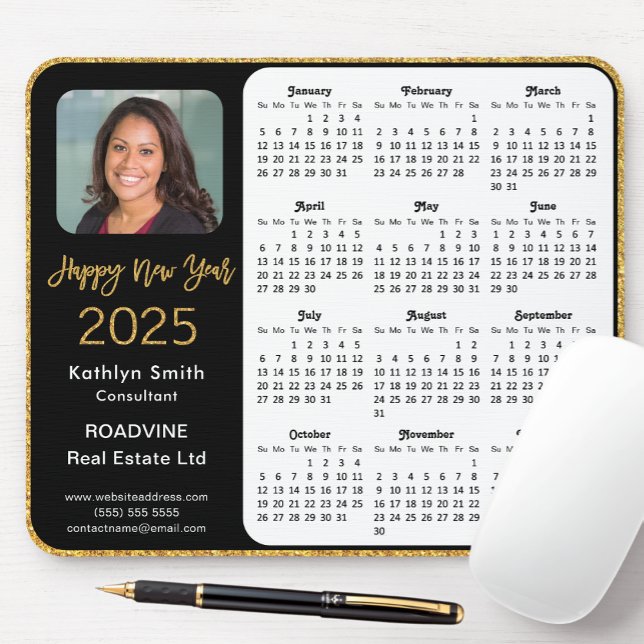 2025 Calendar Business Foto Elegant Gold Glitzer Mousepad (Von Creator hochgeladen)