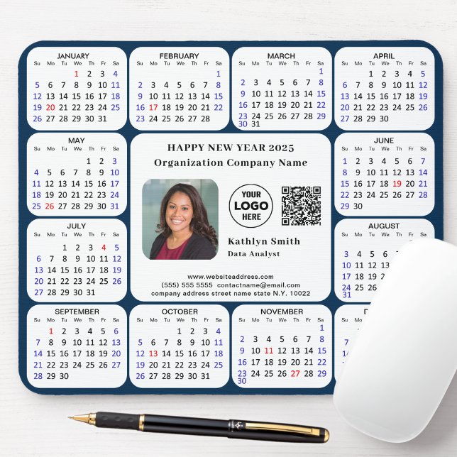 2025 Calendar Business Foto Logo QR Modern Blue Mousepad (Von Creator hochgeladen)
