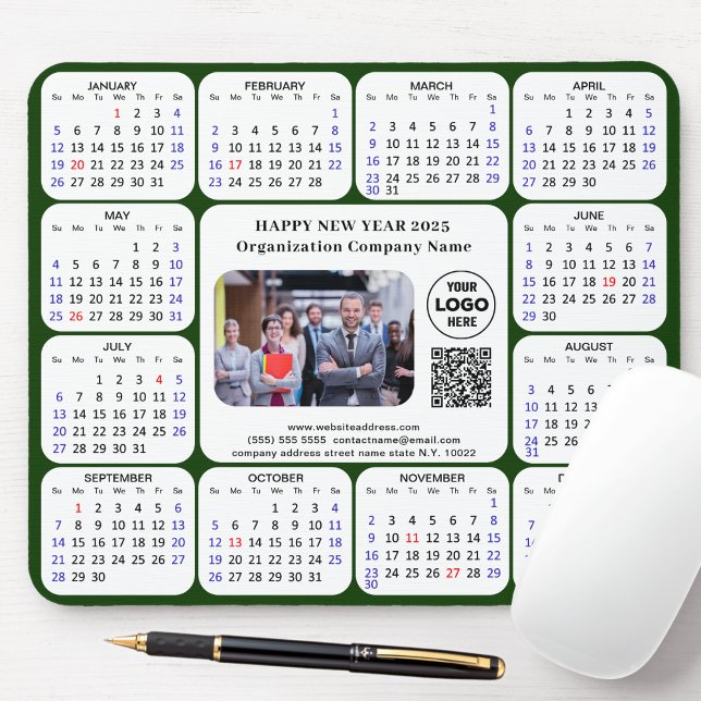 2025 Calendar Business Foto Logo QR Modern Green Mousepad (Von Creator hochgeladen)
