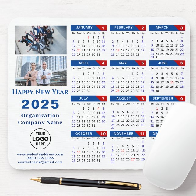 2025 Calendar Business-Logo Modern Blue Red Simple Mousepad (Von Creator hochgeladen)
