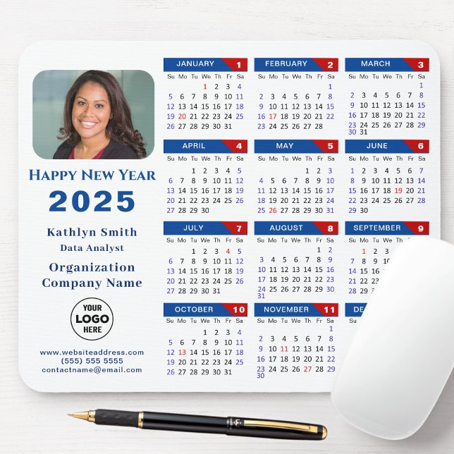 2025 Calendar Business-Logo Modern Blue Red Simple Mousepad (Von Creator hochgeladen)