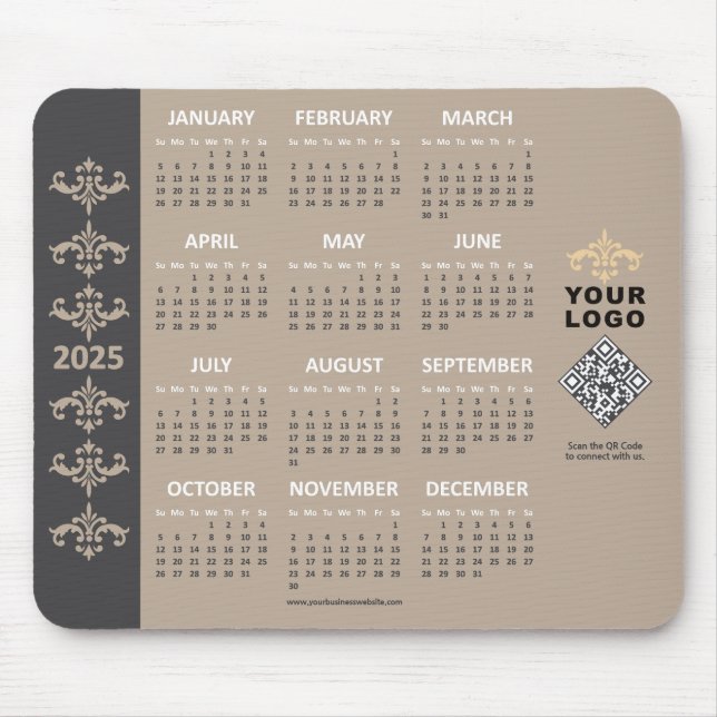 2025 Calendar Business Logo QR Code Latte Baroque Mousepad (Vorne)