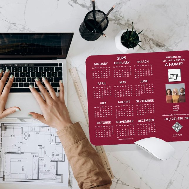 2025 Calendar Company Logo QR Code Burgundy Foto Mousepad (2025 Calendar Company Logo QR Code Burgundy  Red Custom Photo Mouse Pad Any Profession Real Estate)