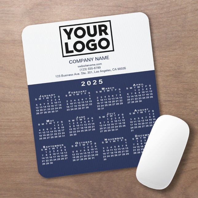 2025 Calendar Company Logo und Text Navy White Mousepad (2025 Calendar Company Logo and Text Navy White Mouse Pad in situ)