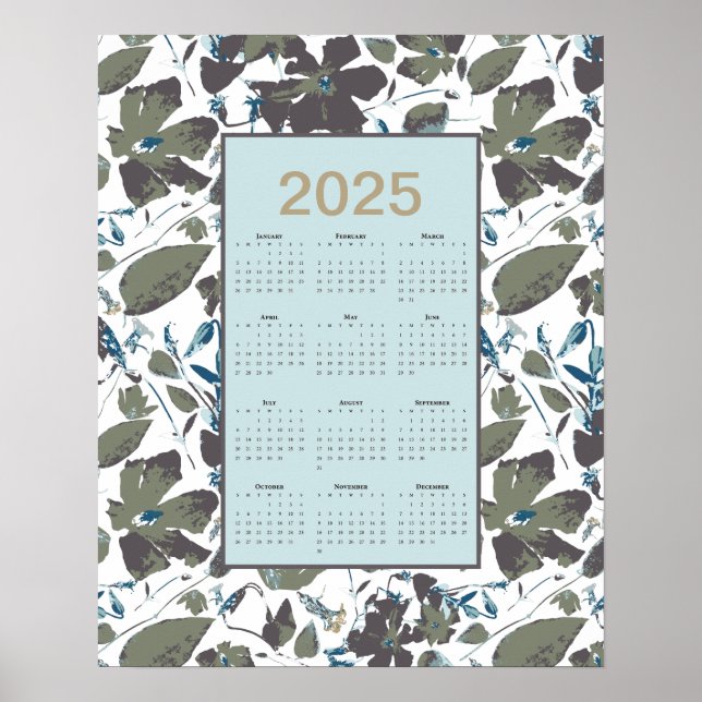 2025 Calendar Green Blue Clematis Floral Poster (Vorne)
