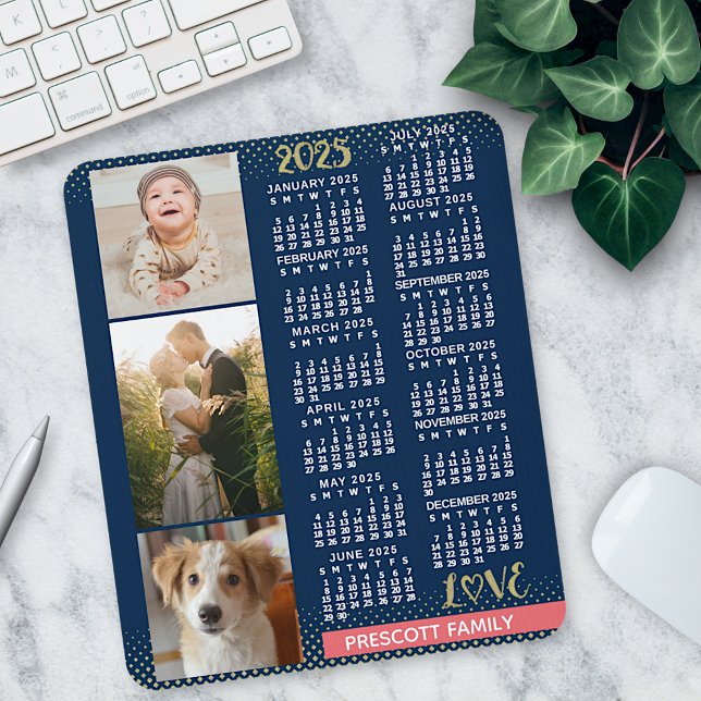2025 Calendar Navy Koral Gold Familie Foto Collage Mousepad (Von Creator hochgeladen)