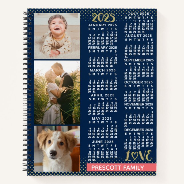 2025 Calendar Navy Koral Gold Familie Foto Collage Notizbuch (Vorderseite)