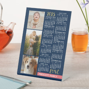 2025 Calendar Navy Koral Gold Familie Foto Collage Sockelschild