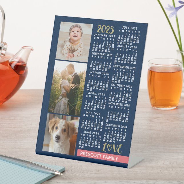 2025 Calendar Navy Koral Gold Familie Foto Collage Sockelschild (In Situ)