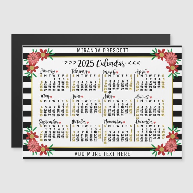 2025 Calendar Preppy Floral Stripes Individuelle N Magneteinladung (Vorne/Hinten)