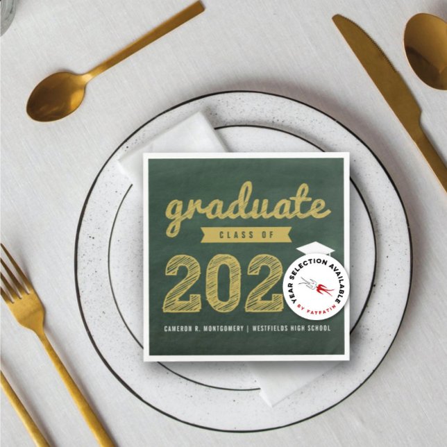 2025 Chalkboard Bold Sketch Graduation Party Paper Serviette (Class of 20YY Chalkboard Bold Gold Sketch Graduation Party Paper Napkin @ zazzle.com/color_therapy)