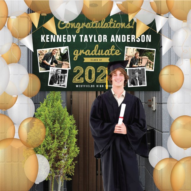 2025 Chalkboard Sketch 4 Foto Graduation Party Banner (2024 Green Chalkboard Gold Sketch 4 Photo Graduation Party Banner @ www.zazzle.com/color_therapy)