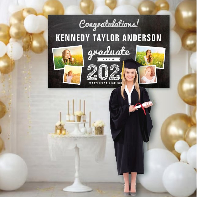 2025 Chalkboard Sketch 4 Foto Graduation Party Banner (2024 Black Chalkboard & White Sketch 4 Photo Graduation Party Banner @ www.zazzle.com/color_therapy)