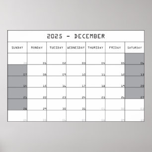 2025 Dezember Planer Kalender große Notizen Fläche Poster