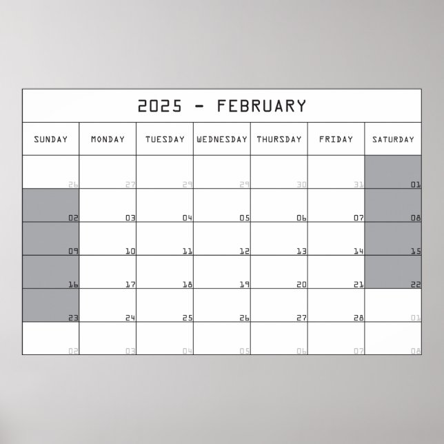 2025 februar planer Kalender große Notizen Raum Poster (Vorne)