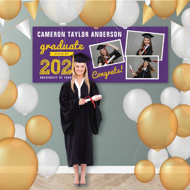 2025 Fett Sketch 3 Foto Collage Graduation Party Banner (2024 Purple And Gold Sketch, 3 Photo Modern Graduation Party Banner @ www.zazzle.com/color_therapy)