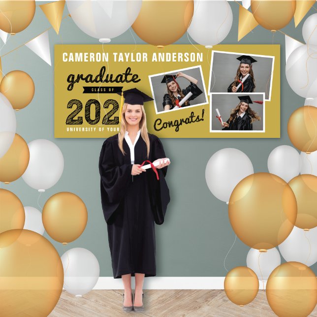 2025 Fett Sketch 3 Foto Collage Graduation Party Banner (2024 Gold And Black Sketch 3 Photo Modern Graduation Party Banner @ www.zazzle.com/color_therapy)