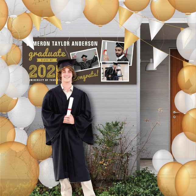2025 Fett Sketch 3 Foto Collage Graduation Party Banner (2024 Brown & Gold Sketch 3 Photo, Modern Graduation Party Banner @ www.zazzle.com/color_therapy)