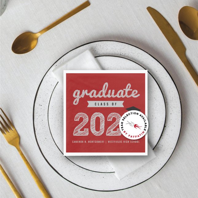 2025 Fett Text Text Red Modern Graduation Party Serviette (2026 Bold Gold Sketch Graduate On Red Modern Graduation Party Paper Napkins @ color_therapy)