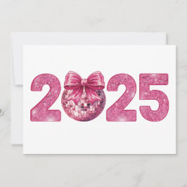 2025 Frohes neues Jahr Disco Ball Pink Bow Feiertagskarte